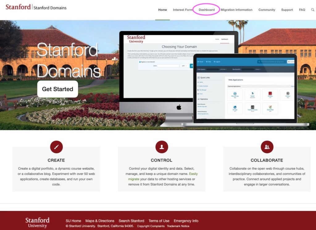 Image of Stanford Domains home page with the dashboard link highlighted.